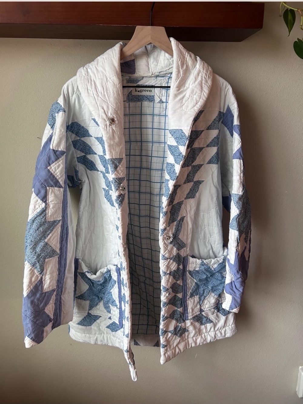 Quilt Jacket Quilted Upcycled Handmade blue white Coat Mid Length Art